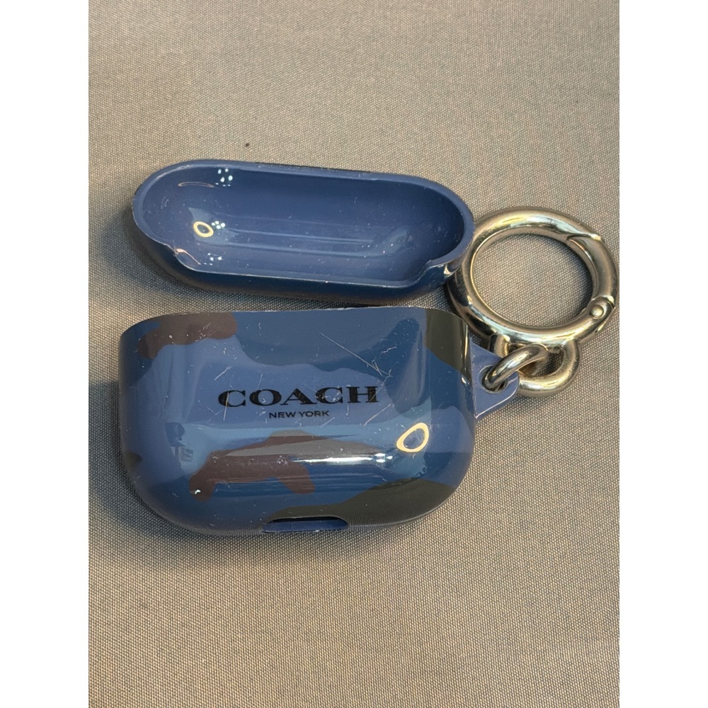 Coach Blue Camo AirPods Pro Case with Silver Carabiner Clip Keychain